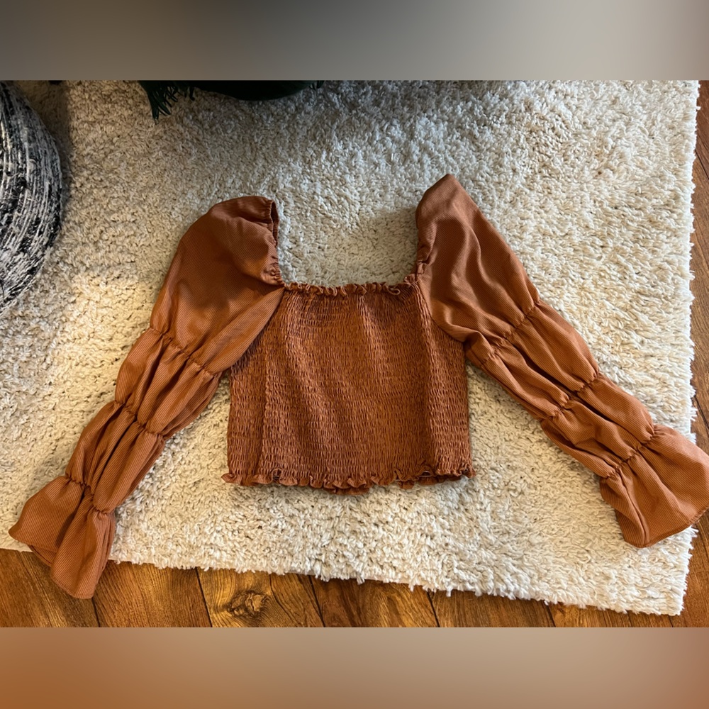 SHEIN Rust Smocked Blouse with Long Sleeves
